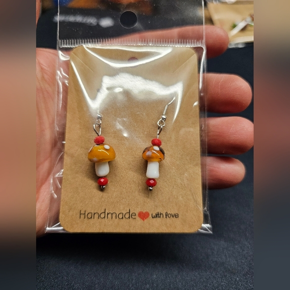 Mushroom Earrings Brown& White w/Red Crystals & Hypoallergenic earring hooks New - Picture 2 of 4